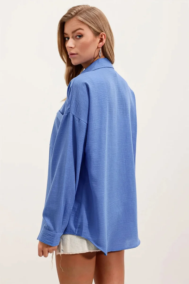 Big Dart Cornflower Blue BDART Linen Blended Shirt with Button Closure for Women | Best Price UAE