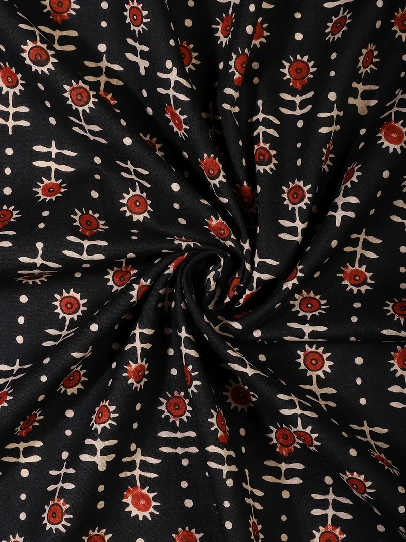 AKS  Black Floral Print Fabric One Meter  | Best Price UAE