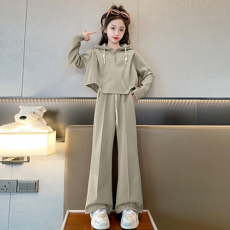 Girls Trendy Hoodie  Wide Leg Pants Set Green