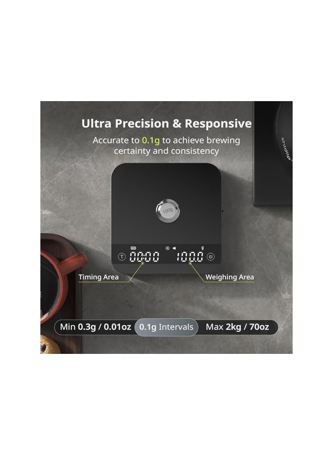PROMASS ميزان قهوة ميني برومس مع توقيت تلقائي، ميزان إسبريسو قابل لإعادة الشحن مع مؤقت، ميزان دقيق 2 كجم/0.1 جرام للإسبريسو والقهوة المصفاة، ميزان حبوب القهوة محمول مع 4 أوضاع، أسود - Image 3