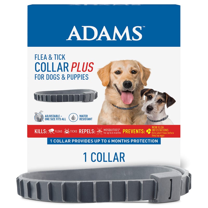 ADAMS Flea & Tick Collar Plus for Dogs & Puppies, 6-Month Protection, One Size Fits All Dogs & Puppies, Kills Fleas & Ticks, Repels Mosquitoes For Up To 6 Months (Excluding California) - Image 1