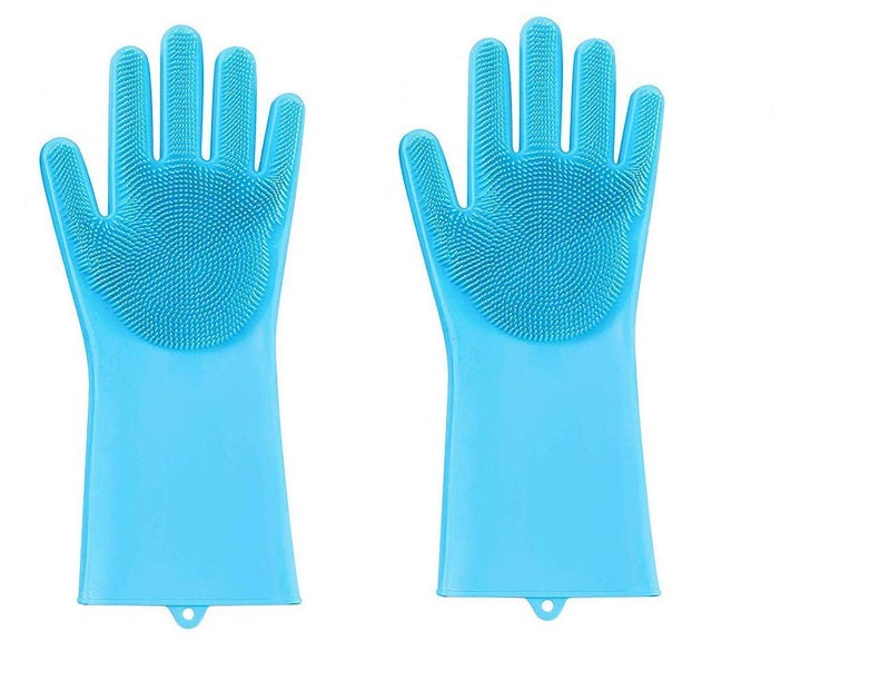 Aeoss Reusable Silicone Dishwash Gloves with Wash Scrubber Heat Resistant for Cleaning Dish Washing Household Blue 1pair (2pcs) - Image 1