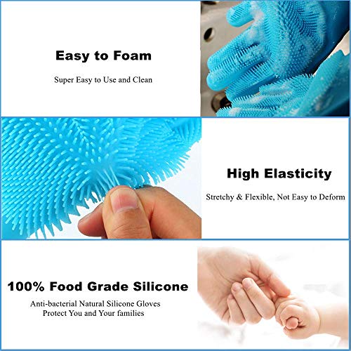 Aeoss Reusable Silicone Dishwash Gloves with Wash Scrubber Heat Resistant for Cleaning Dish Washing Household Blue 1pair (2pcs) - Image 3