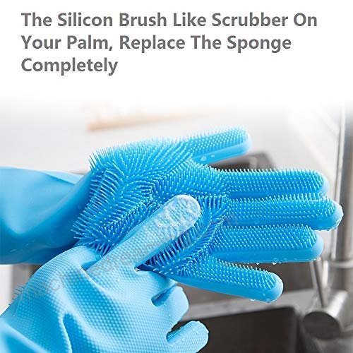Aeoss Reusable Silicone Dishwash Gloves with Wash Scrubber Heat Resistant for Cleaning Dish Washing Household Blue 1pair (2pcs) - Image 5