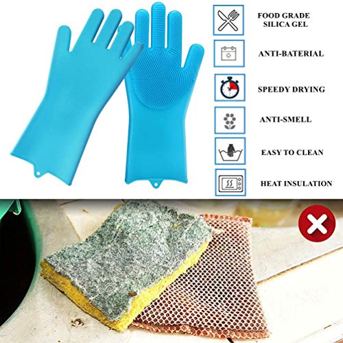Aeoss Reusable Silicone Dishwash Gloves with Wash Scrubber Heat Resistant for Cleaning Dish Washing Household Blue 1pair (2pcs) - Image 2