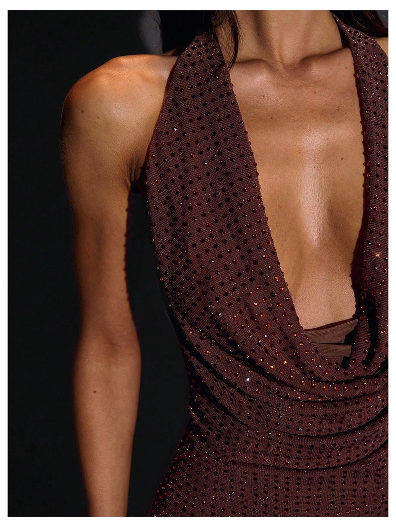 SweatyRocks Women's Halter Sexy Backless Sequin Mini Prom Party Dress Cowl Neck Sparkly Night Out Dresses Brown Small - Image 4