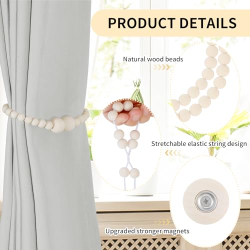KLOGTSIND Magnetic Curtain Tiebacks, 2 Pack Curtain Holdbacks for Draperies, Wood Bead Curtain Tiebacks, Elegant Curtain Tie Backs for Bedroom Decor, Boho Room Decor, Nursery Decor, Farmhouse Decor - Image 5