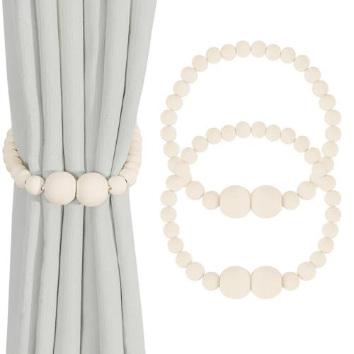 KLOGTSIND Magnetic Curtain Tiebacks, 2 Pack Curtain Holdbacks for Draperies, Wood Bead Curtain Tiebacks, Elegant Curtain Tie Backs for Bedroom Decor, Boho Room Decor, Nursery Decor, Farmhouse Decor - Image 1