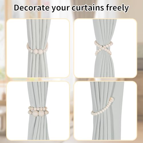 KLOGTSIND Magnetic Curtain Tiebacks, 2 Pack Curtain Holdbacks for Draperies, Wood Bead Curtain Tiebacks, Elegant Curtain Tie Backs for Bedroom Decor, Boho Room Decor, Nursery Decor, Farmhouse Decor - Image 4