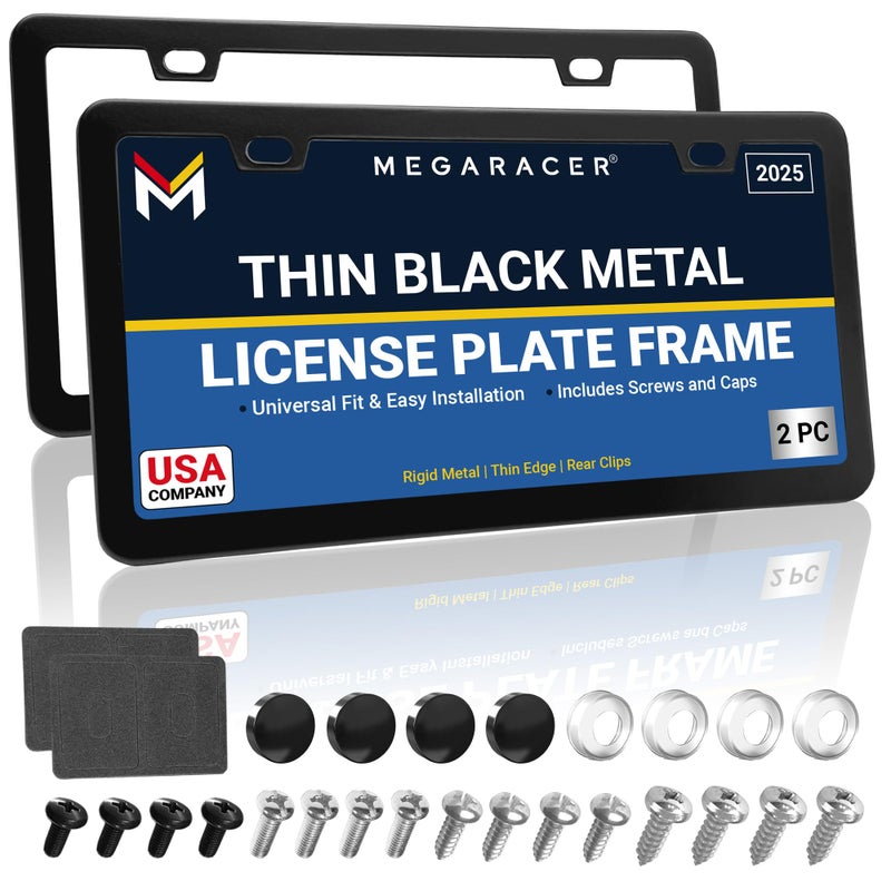 Mega Racer Premium Thin Matte Black License Plate Frames - 2 Pack, Rust-Free Stainless Steel, Rattle-Free, Street Legal with Screw Caps, Thin Metal Front & Rear Car Tag Holders - Fits BMW, Audi, Lexus & More - Image 1