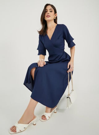 forever 21 blue wrap dress Vara Satin Maxi Wrap Dress - Dusty Blue main image 0