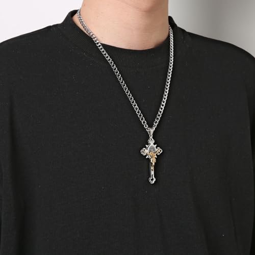 HZMAN Stainless Steel Saint St St. Benedict Crucifix Cross Pendants Necklace INRI (Large Silver & Gold) - Image 2