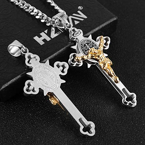 HZMAN Stainless Steel Saint St St. Benedict Crucifix Cross Pendants Necklace INRI (Large Silver & Gold) - Image 3