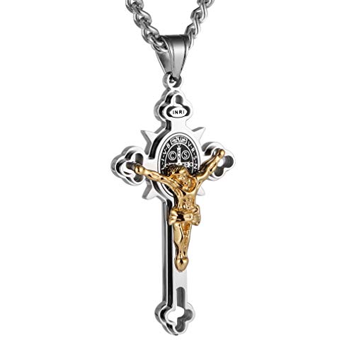 HZMAN Stainless Steel Saint St St. Benedict Crucifix Cross Pendants Necklace INRI (Large Silver & Gold) - Image 1