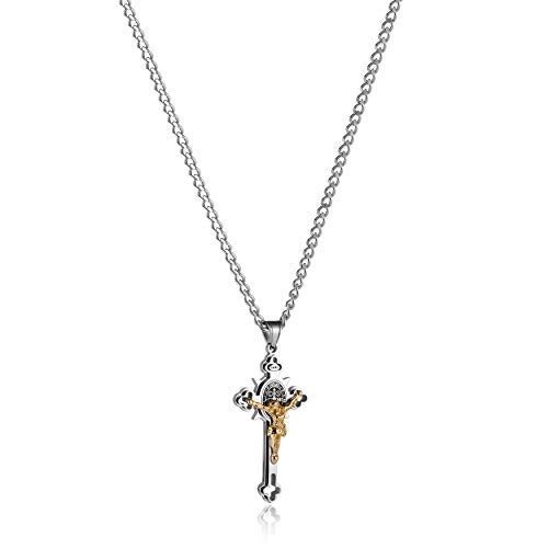 HZMAN Stainless Steel Saint St St. Benedict Crucifix Cross Pendants Necklace INRI (Large Silver & Gold) - Image 4