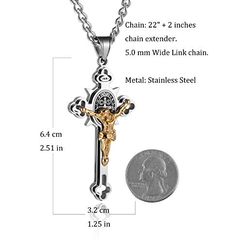 HZMAN Stainless Steel Saint St St. Benedict Crucifix Cross Pendants Necklace INRI (Large Silver & Gold) - Image 5