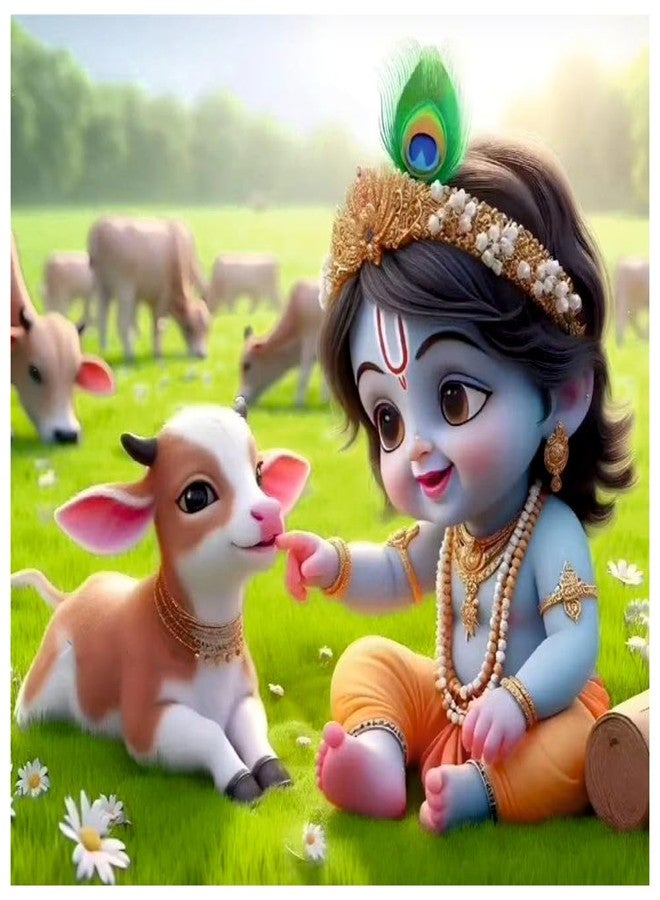 Akki World Blue Baby Krishna Feather And Little Cow Wall Poster (K_16_Poster_20) Posters For Room Pregnant women (Size - 41CM X 41CM) - Image 1