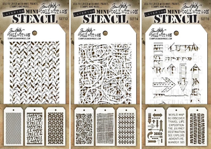 Tim Holtz  Nine Mini Layering Stencils  Herringbone Countdown Blocks Scribbles Burlap Argyle Arrows Traveler and Treads  aka sets 13 14  15