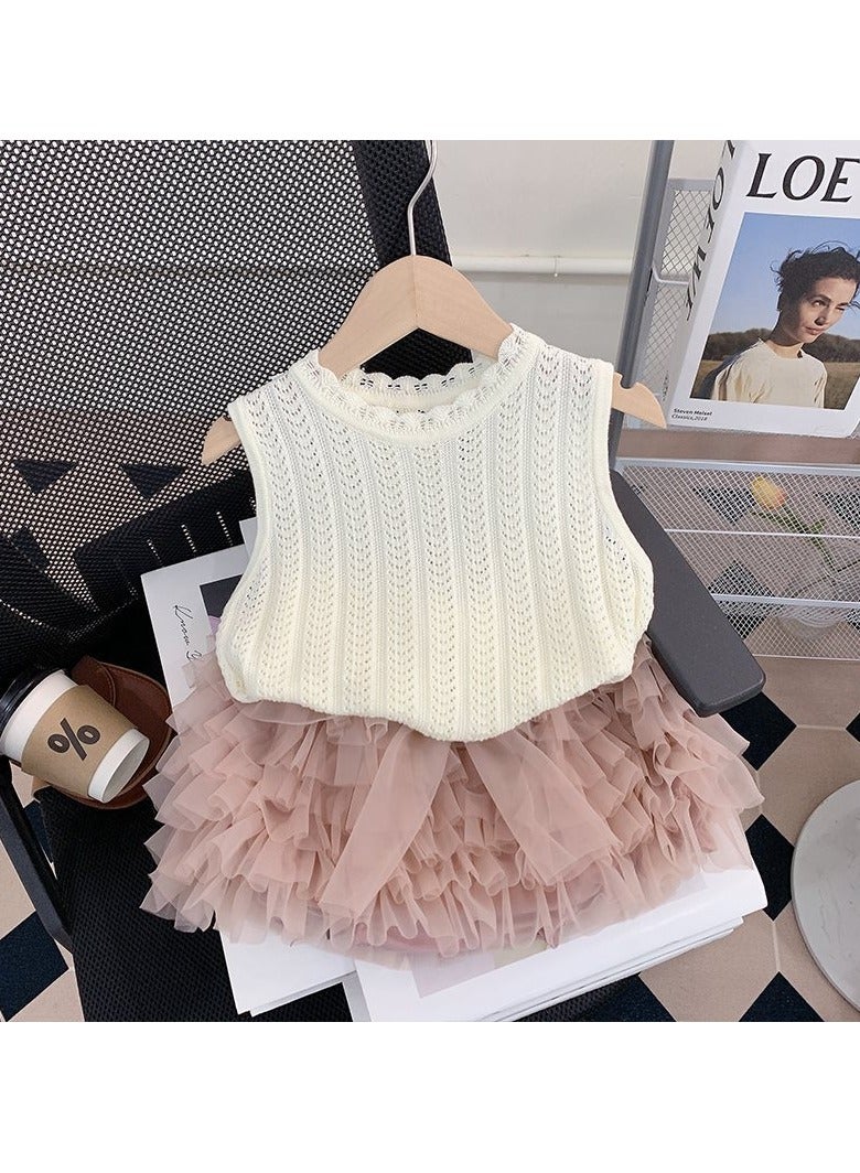 1-2Y Toddler Girls 2-Piece Summer Outfit, Beige Tank Dress Set, Soft & Comfortable Top, Pink Fluffy Tulle Skirt, Sweet & Cute, Perfect for Daily Wear & Party Occasions, Suitable for Height 80-90cm  - Image 2