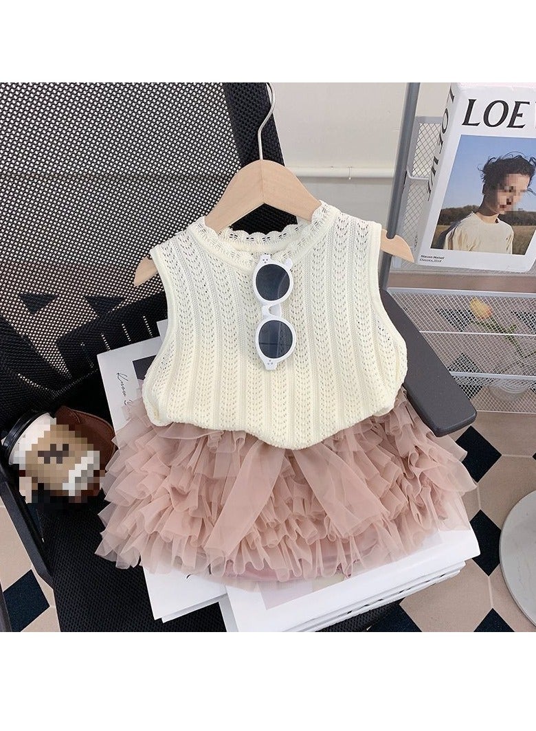 1-2Y Toddler Girls 2-Piece Summer Outfit, Beige Tank Dress Set, Soft & Comfortable Top, Pink Fluffy Tulle Skirt, Sweet & Cute, Perfect for Daily Wear & Party Occasions, Suitable for Height 80-90cm  - Image 3