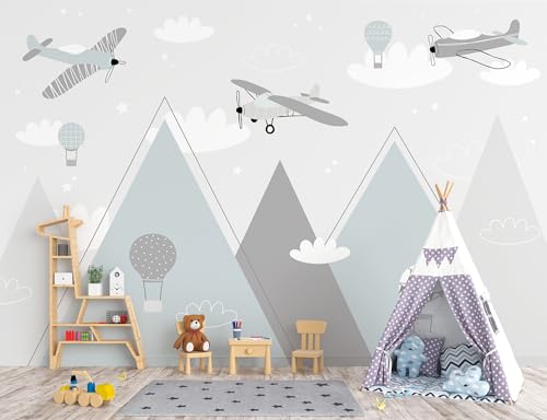 Buiory 1196x83inch Large Cartoon Simple Geometry Mountain Wallpaper 3D Peel and Stick Boho Airplane Cloud Wall Sticker Murals for Kids Room Wall Decor Home Wall Background Decoration - Image 1