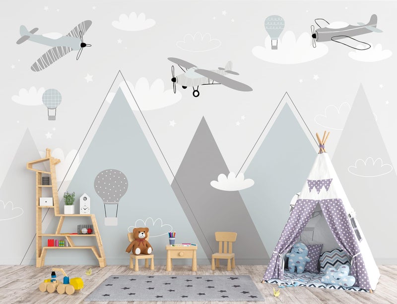 Buiory 1196x83inch Large Cartoon Simple Geometry Mountain Wallpaper 3D Peel and Stick Boho Airplane Cloud Wall Sticker Murals for Kids Room Wall Decor Home Wall Background Decoration - Image 2