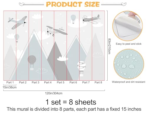 Buiory 1196x83inch Large Cartoon Simple Geometry Mountain Wallpaper 3D Peel and Stick Boho Airplane Cloud Wall Sticker Murals for Kids Room Wall Decor Home Wall Background Decoration - Image 3