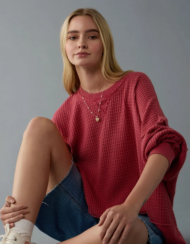 American Eagle AE Big Hug Crew Neck Waffle Sweatshirt