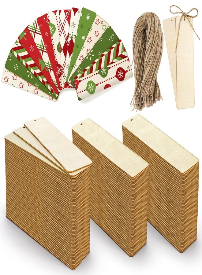 Cididu 150 Pieces Wood Blank Bookmarks, DIY Wooden Craft Bookmark with Ropes, Christmas Unfinished Hanging Gift Tags Ornaments, Rectangle Crafts Blank for Wedding Birthday Party Decor, 4.7'' x 1.3'' - Image 1