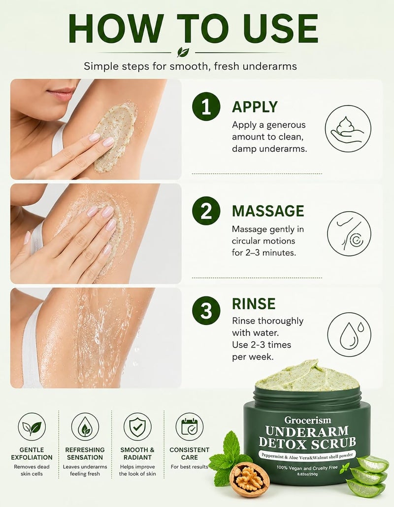 Grocerism Armpit Detox and Body Scrub 8.8oz || with Peppermint and Aloe Vera for Odors Removing, Exfoliating, Moisturizing, Smoothen and Tighten, for Legs, Knee, Feet, Hands Whole Body - Image 5