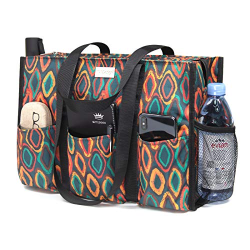 TOPDesign Utility Water Resistant Tote Bag with 13 Exterior Interior Pockets Top Zipper Closure Thick Bottom Support for Working Women Teachers Nurses Accountants Dzi Bead
