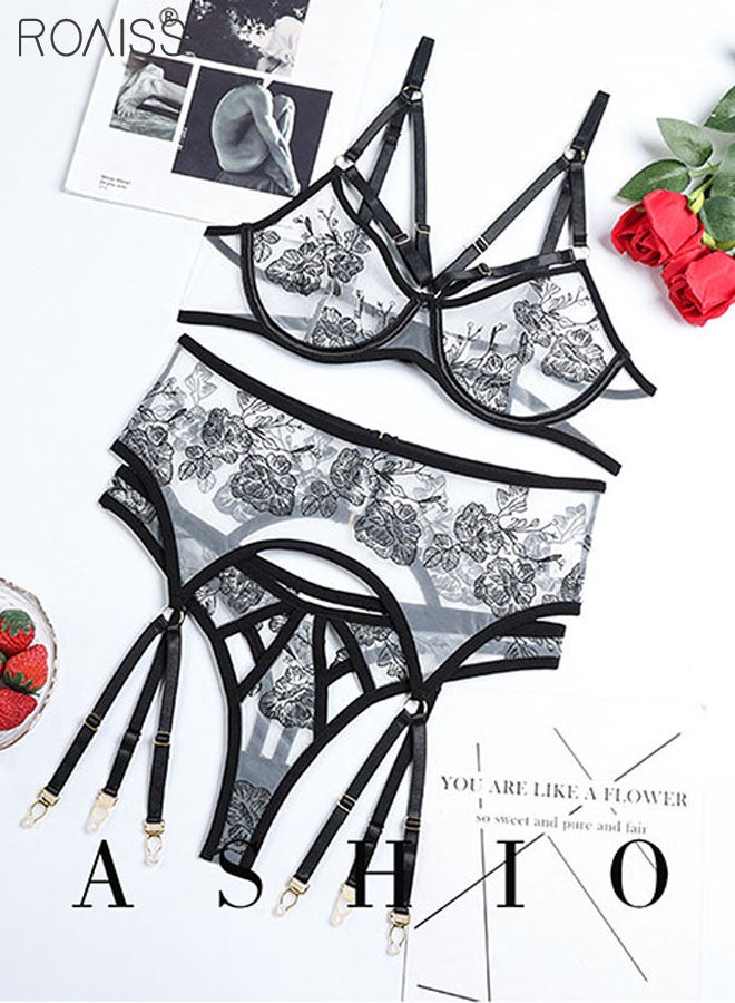 roaiss 3-Piece Women's Embroidered Underwear Adjustable Bra With Steel Ring Without Chest Pad Strap High Waisted Thong Mesh Garter - Image 1