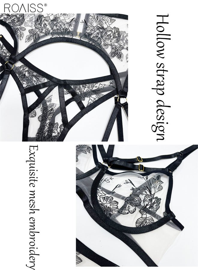 roaiss 3-Piece Women's Embroidered Underwear Adjustable Bra With Steel Ring Without Chest Pad Strap High Waisted Thong Mesh Garter - Image 3