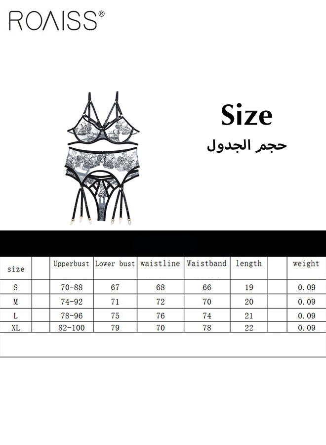 roaiss 3-Piece Women's Embroidered Underwear Adjustable Bra With Steel Ring Without Chest Pad Strap High Waisted Thong Mesh Garter - Image 4