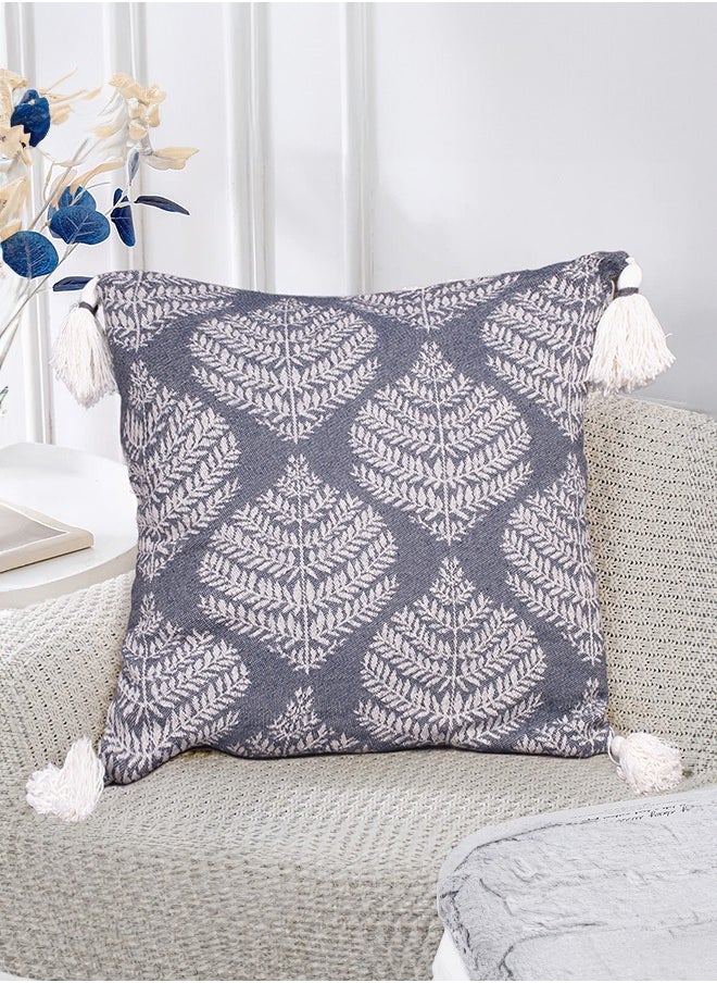 N & H Jute and Cotton Woven Square Shaped Cushion with Tassle 16 x 16 inches for Living Room Sofa (Birch Tile Pattern, Slate Blue)  - Image 1