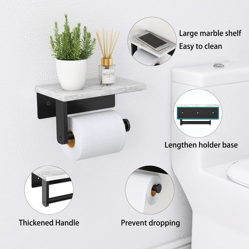 Gypie Marble Toilet Paper Holder with Shelf, 304 Stainless Steel Screw Wall Mounted, Tissue Roll Holder for Bathroom Washroom Matte Black - Image 2