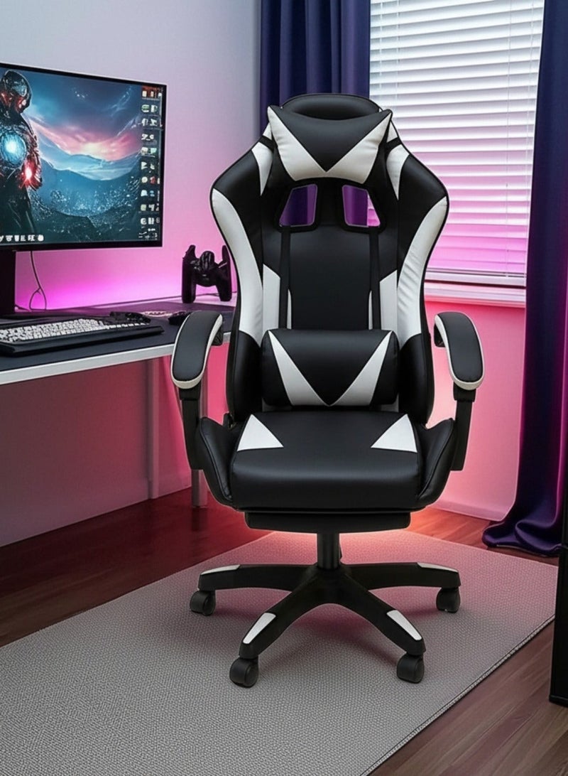 Sabir & Bros Furniture LLC SBF Gaming Chair with Footrest – Ergonomic High Back PU Leather Office & Computer Chair, Adjustable Height, Reclining Backrest, Headrest & Lumbar Support, White Black - Image 4