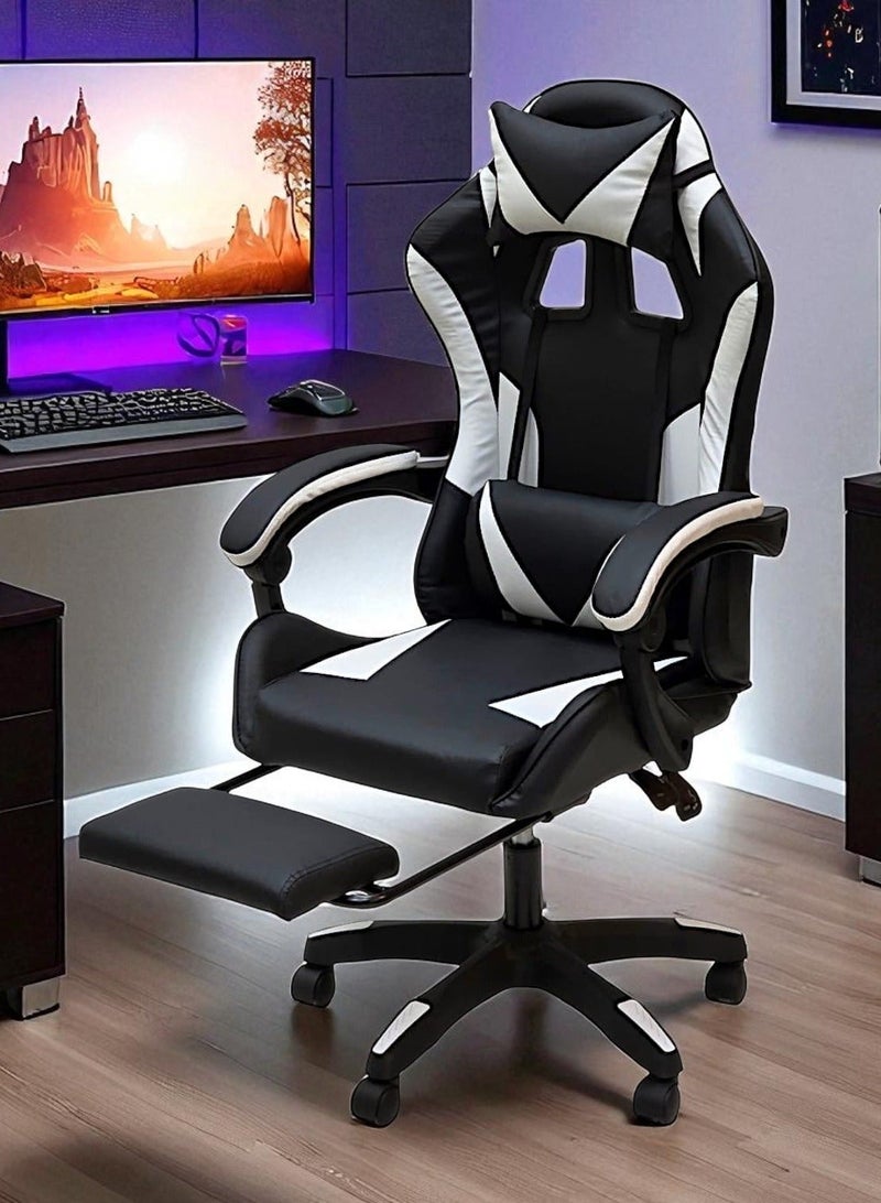 Sabir & Bros Furniture LLC SBF Gaming Chair with Footrest – Ergonomic High Back PU Leather Office & Computer Chair, Adjustable Height, Reclining Backrest, Headrest & Lumbar Support, White Black - Image 3