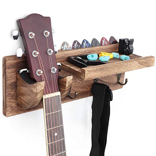 Bikoney Wall Mount Guitar Hanger Shelf with Pick Holder and 3 Hooks - Carbonized Black Guitar Holder for Acoustic, Electric, Bass, Ukulele [U.S. Patent] - Image 1