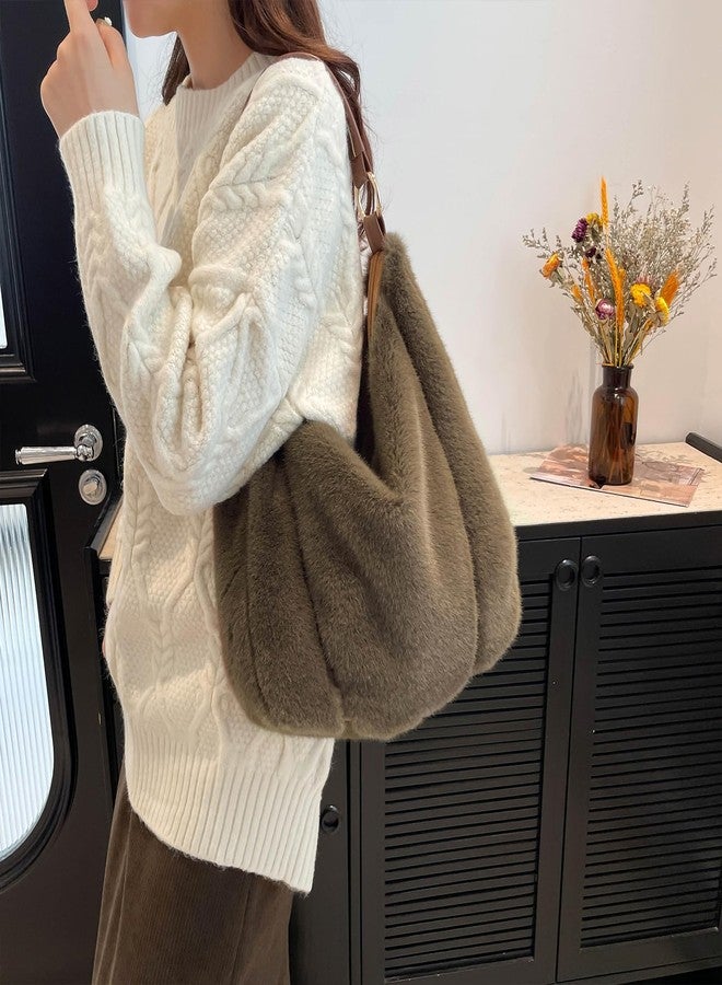 Extolove Fluffy Tote Bag, Winter Fuzzy Purses for Women Faux Fur Bag Soft Furry Shoulder Bag Crossbody Handbag Plush Tote Bag, Coffee, Small - Image 3