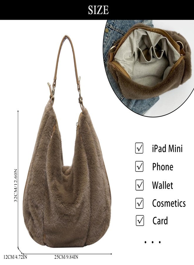 Extolove Fluffy Tote Bag, Winter Fuzzy Purses for Women Faux Fur Bag Soft Furry Shoulder Bag Crossbody Handbag Plush Tote Bag, Coffee, Small - Image 4