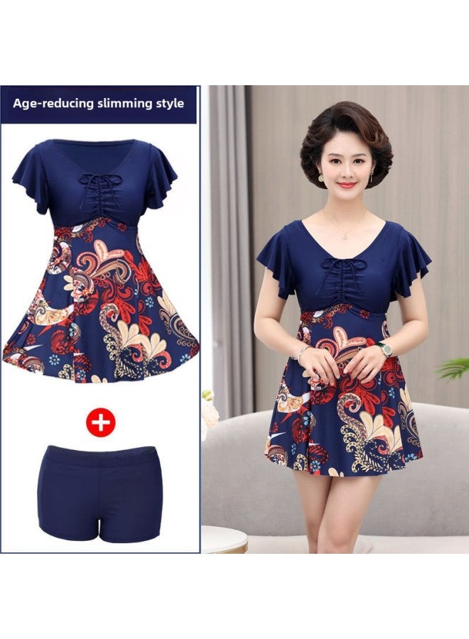 Send Swimming Cap Hot Spring Plus Size Swimming Suit Women's Split Boxer Shorts Skirt Conservative Middle-aged Mother Swimwear Fat Factory-Color:8903 Navy Blue + Swimming Cap-Size:L Size Recommended 47.5-52.5kg - Image 1