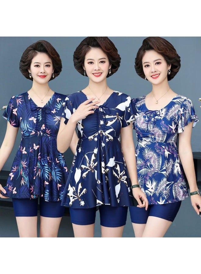 Send Swimming Cap Hot Spring Plus Size Swimming Suit Women's Split Boxer Shorts Skirt Conservative Middle-aged Mother Swimwear Fat Factory-Color:8903 Navy Blue + Swimming Cap-Size:L Size Recommended 47.5-52.5kg - Image 2