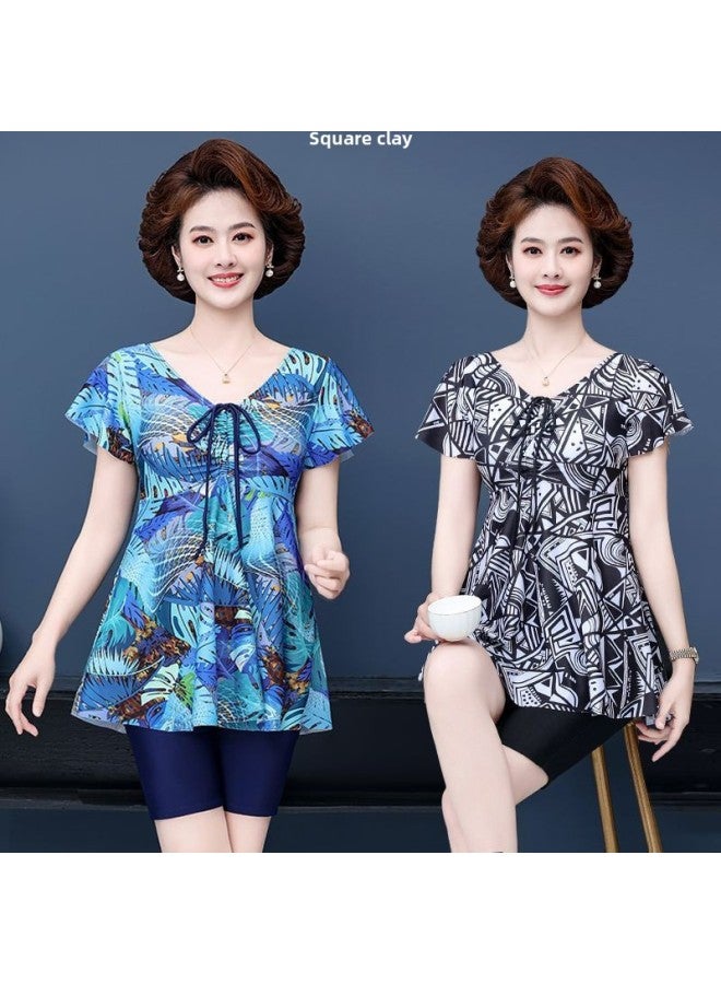 Send Swimming Cap Hot Spring Plus Size Swimming Suit Women's Split Boxer Shorts Skirt Conservative Middle-aged Mother Swimwear Fat Factory-Color:8903 Navy Blue + Swimming Cap-Size:L Size Recommended 47.5-52.5kg - Image 5