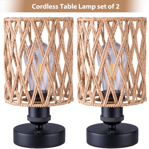 ALL FORTUNE Cordless Outdoor Table Lamps Small Rattan Boho Rechargeable Battery Operated for Outdoor Patio Home Living Room Bedroom Bedside Set of 2 BeigeA - Image 3
