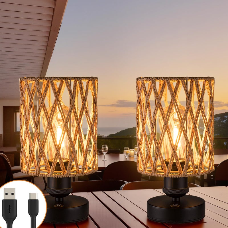 ALL FORTUNE Cordless Outdoor Table Lamps Small Rattan Boho Rechargeable Battery Operated for Outdoor Patio Home Living Room Bedroom Bedside Set of 2 BeigeA - Image 2