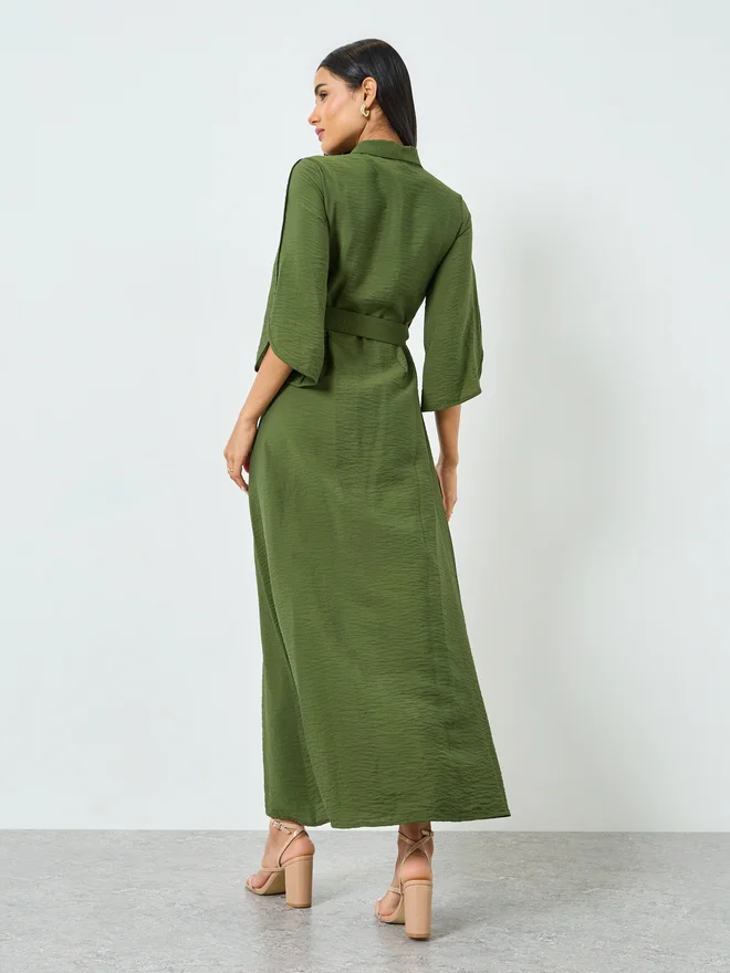 Styli  Styli Olive Solid Shirt Maxi Dress with Belt for Women | Best Price UAE