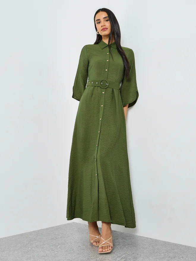 Styli  Styli Olive Solid Shirt Maxi Dress with Belt for Women | Best Price UAE