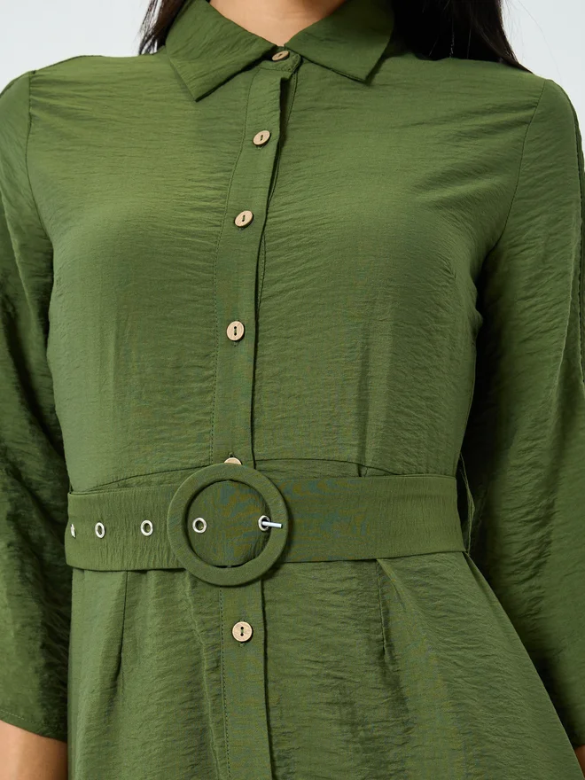 Styli  Styli Olive Solid Shirt Maxi Dress with Belt for Women | Best Price UAE
