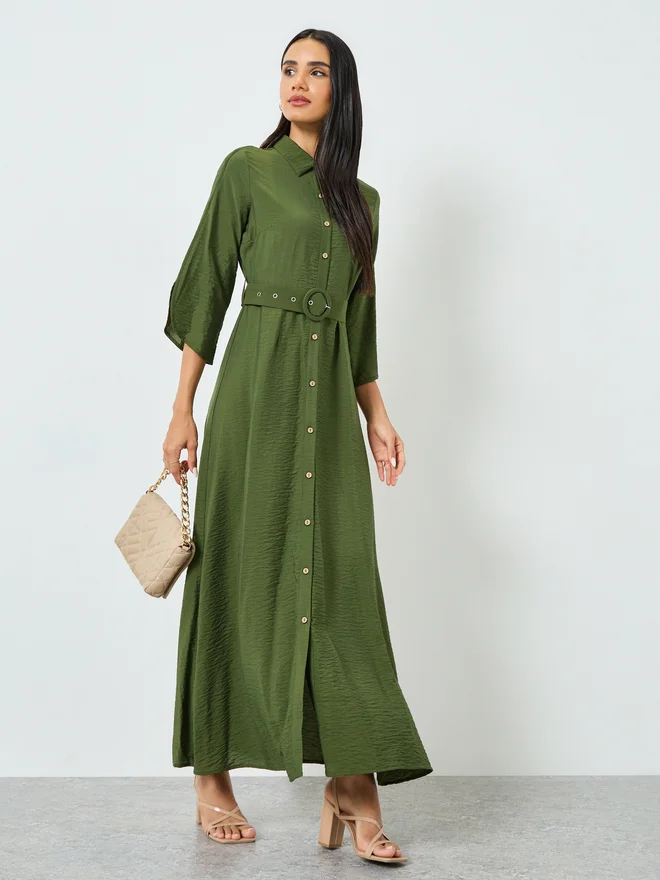 Styli Olive Solid Shirt Maxi Dress with Belt
